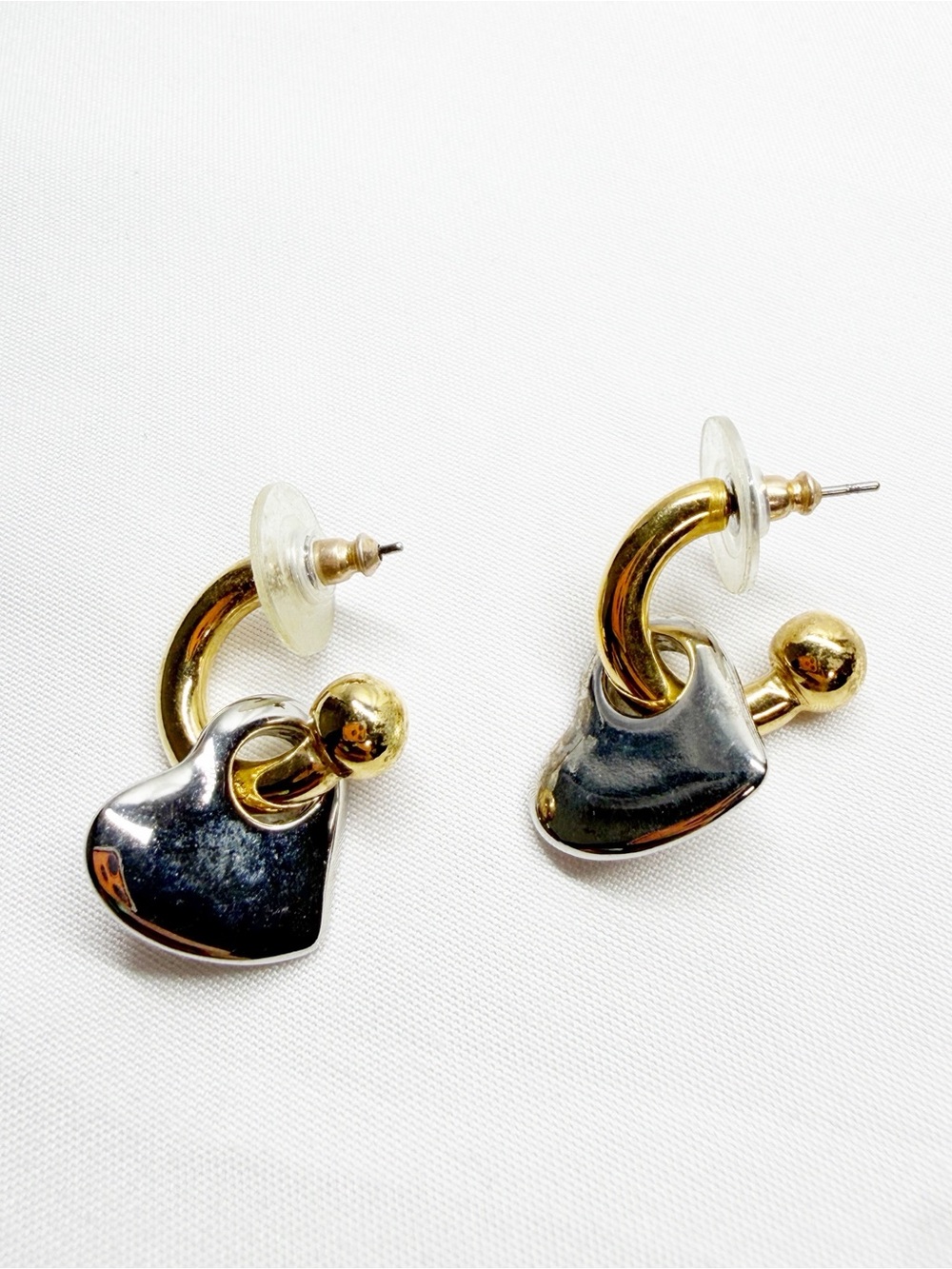 Gold Hoop Silver Heart Charm Earrings